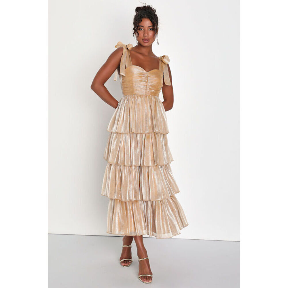 Lulus Radiant Arrival Shiny Gold Organza Tiered Tie-strap Maxi Dress - Size M